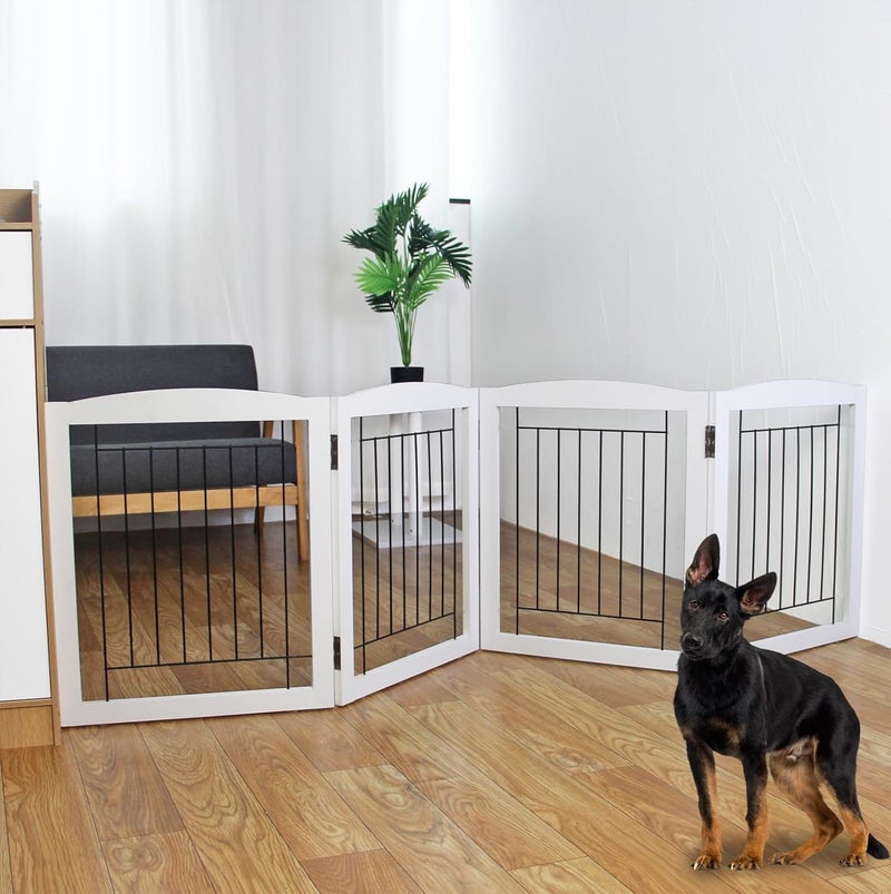 ZJSF Freestanding Foldable Dog Gate for House Extra Wide Wooden White Indoor Puppy Gate Stairs Dog Gates Doorways Tall Pet Gate 4 Panels Fence - Image 1